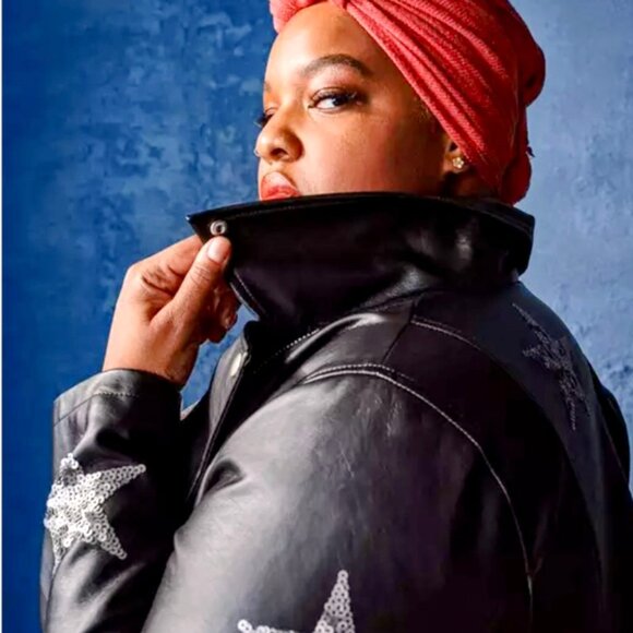 Black Sequin Stars Faux Leather Moto Jacket - Picture 4 of 5